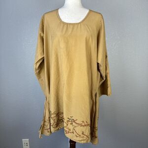 Blue Fish Womens 3/4 Tunic Size Plus 2 Gold Cotton Silk Hand Painted Vine Floral